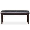 Brown PU leather upholstered bench with button tufting and strong rubber wood legs, ideal for dining or as a shoe bench.
