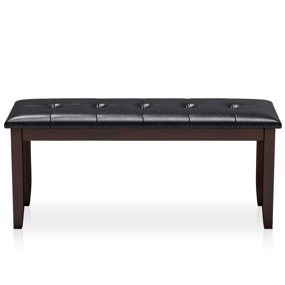 Brown PU leather upholstered bench with button tufting and strong rubber wood legs, ideal for dining or as a shoe bench.