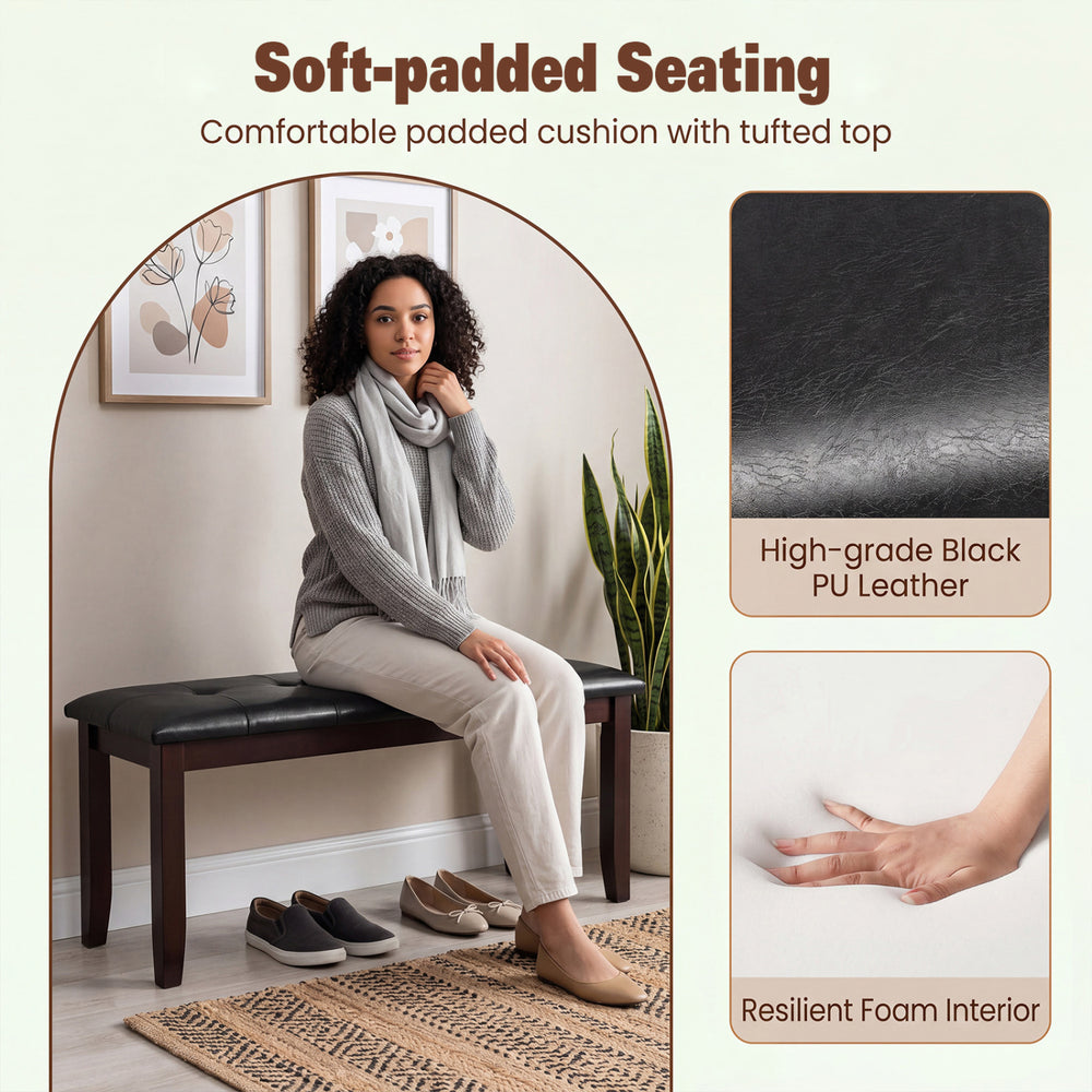 Brown PU leather upholstered bench with soft padded seat, button tufted design, and strong rubber wood legs for versatile use.
