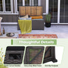 Outdoor storage bench with acacia wood lid, 45-gallon capacity, and cut-out handles for easy movement.