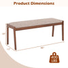 Backless 45-inch farmhouse bench with rubber wood legs and beige fabric padded seat, ideal for dining or entryway use.