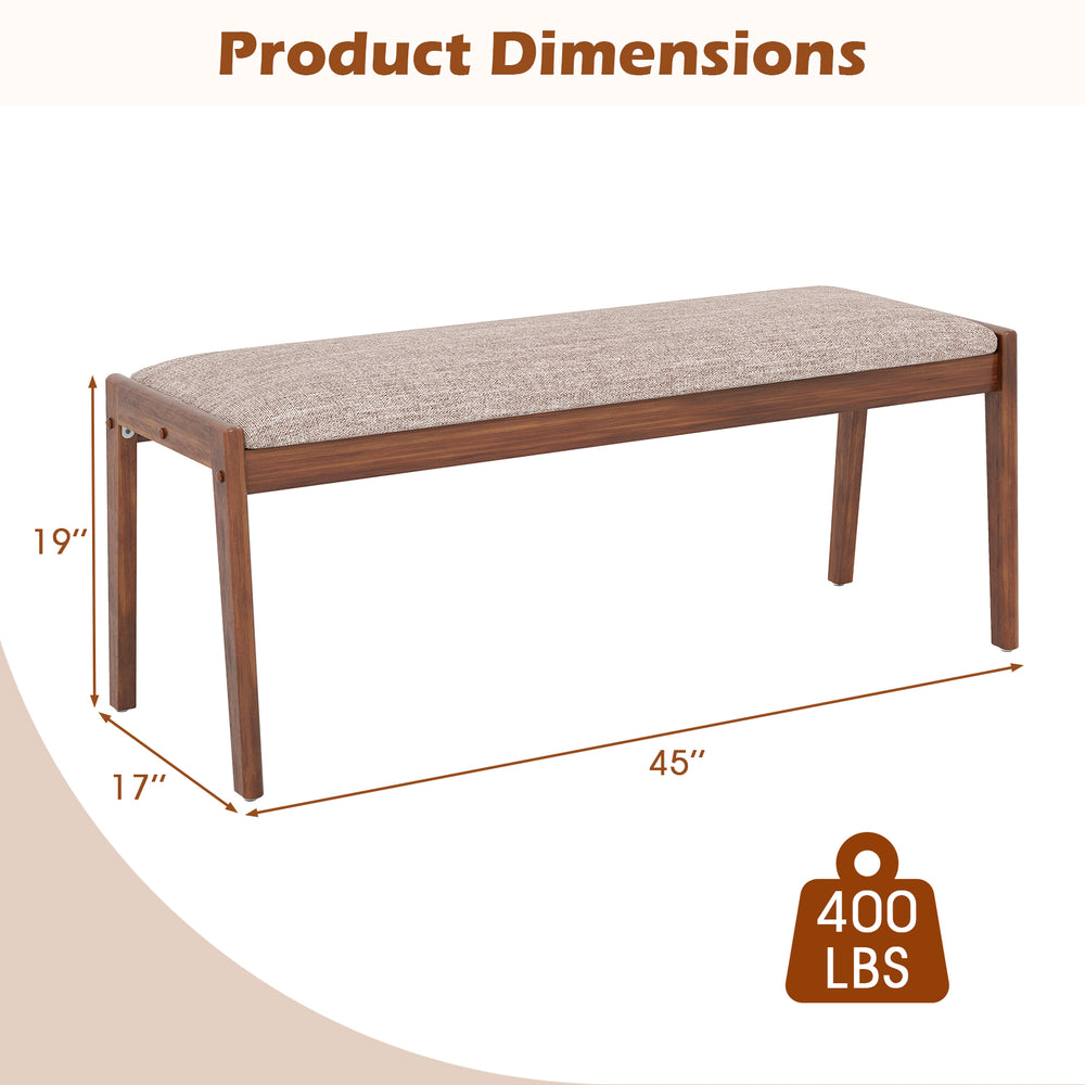 Backless 45-inch farmhouse bench with rubber wood legs and beige fabric padded seat, ideal for dining or entryway use.