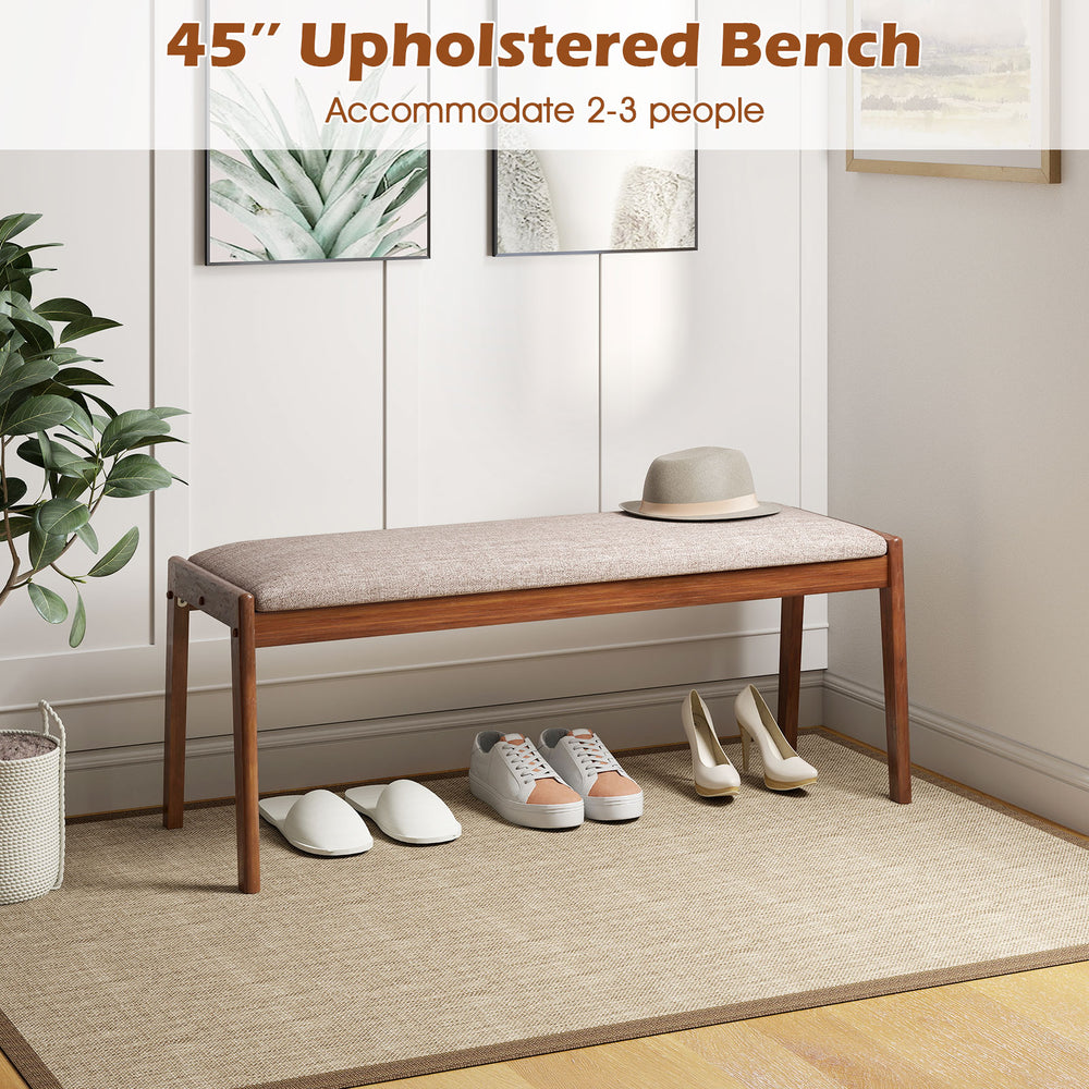45-inch farmhouse backless bench with beige fabric padded seat and rubber wood legs, ideal for entryway or dining room.