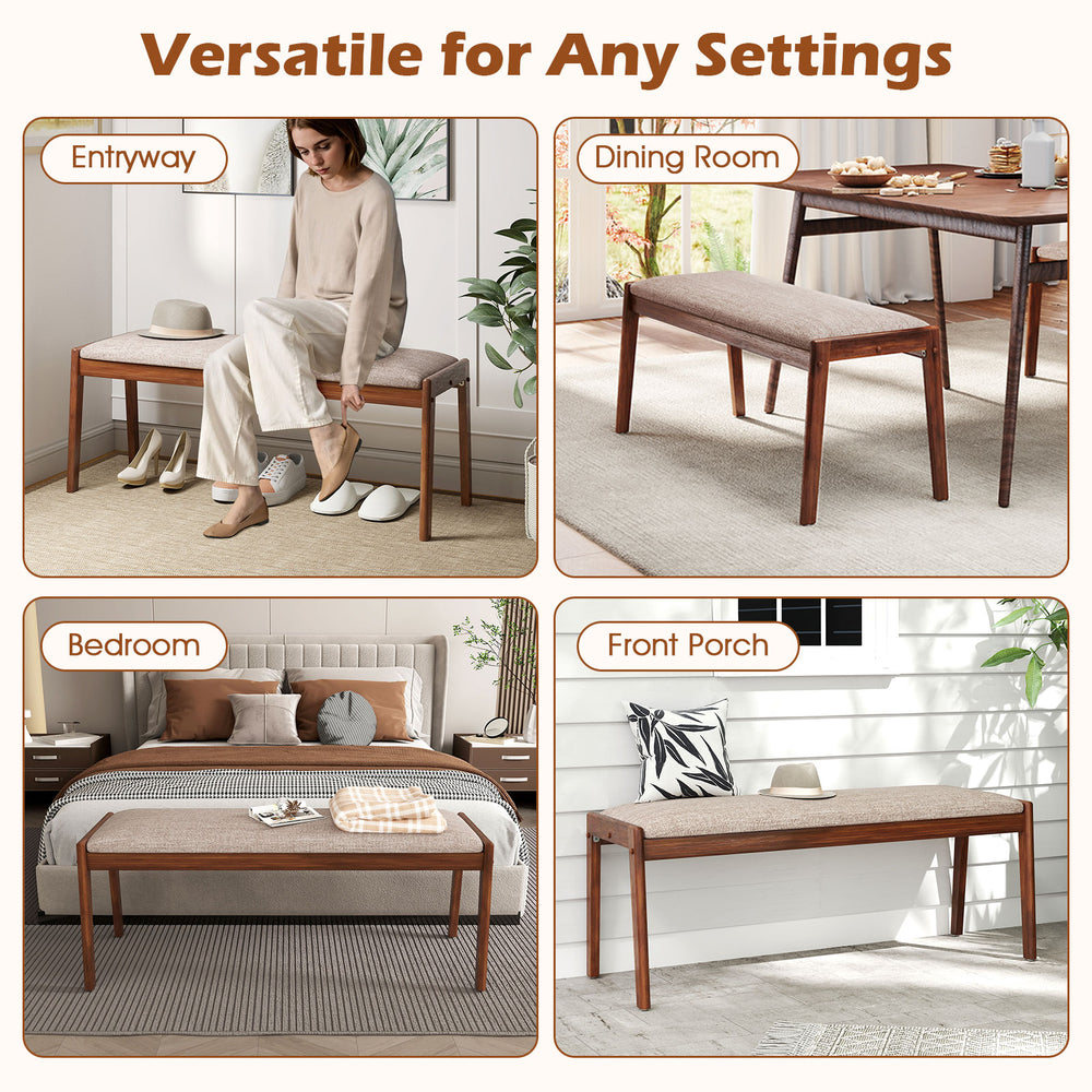 Farmhouse backless bench featuring a fabric padded seat and rubber wood legs, perfect for versatile settings like.