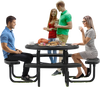 Outdoor round picnic table and bench set for 8, featuring a black thermoplastic coated metal mesh design, ideal for.