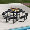 Round black outdoor picnic table with four benches, featuring an umbrella hole, ideal for poolside gatherings.