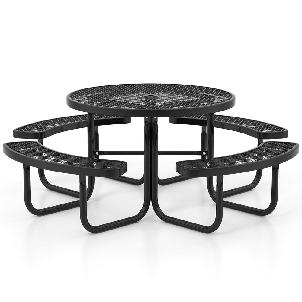 Round black picnic table with four benches, designed for 8 people, featuring an umbrella hole for outdoor use.
