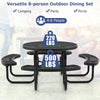 Round black outdoor picnic table set for 8 with umbrella hole, made of rustproof metal mesh, ideal for various.
