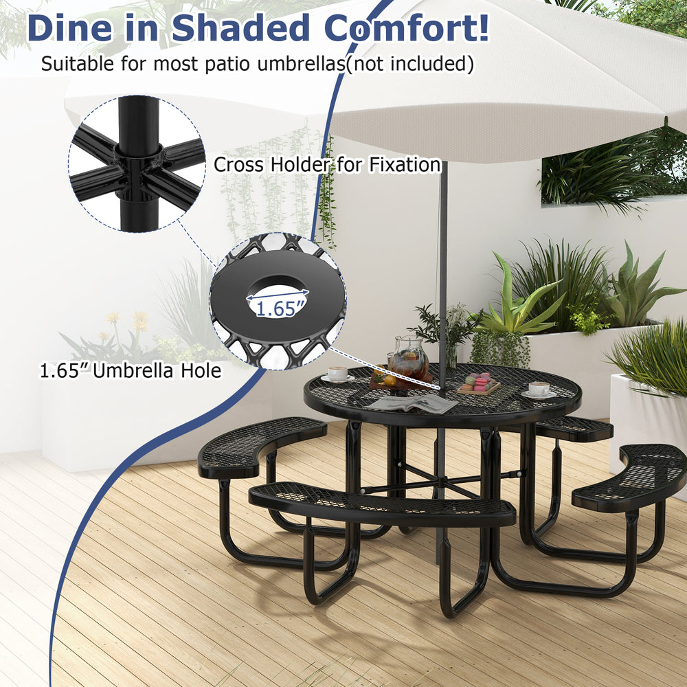 Outdoor round picnic table set with 1.65" umbrella hole, black thermoplastic-coated metal mesh, for 4-8 people.