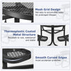 Round black picnic table with thermoplastic coated metal, designed for 8, featuring an umbrella hole and smooth edges.