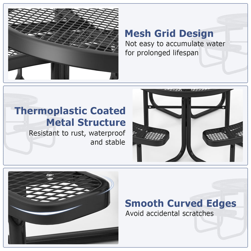 Round black picnic table with thermoplastic coated metal, designed for 8, featuring an umbrella hole and smooth edges.