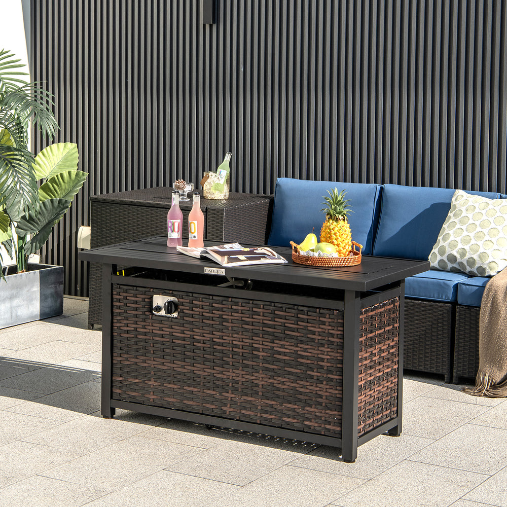 45-inch propane rattan firepit table in mixed brown with glass stones, perfect for outdoor warmth and style.