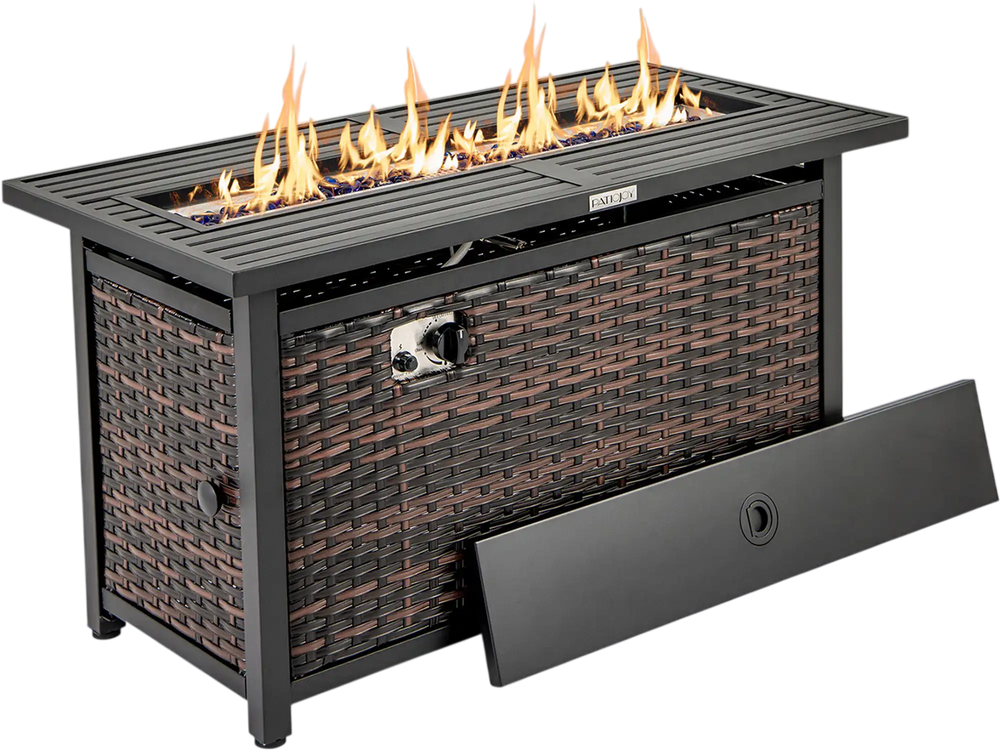 Rattan firepit table with glass stones, 50,000 BTU, and protective cover for versatile outdoor use.
