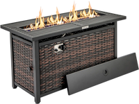 Rattan firepit table with glass stones, 50,000 BTU, and protective cover for versatile outdoor use.