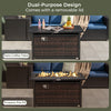 Patio coffee table and propane fire pit in mixed brown rattan, featuring a removable lid and adjustable flame control.
