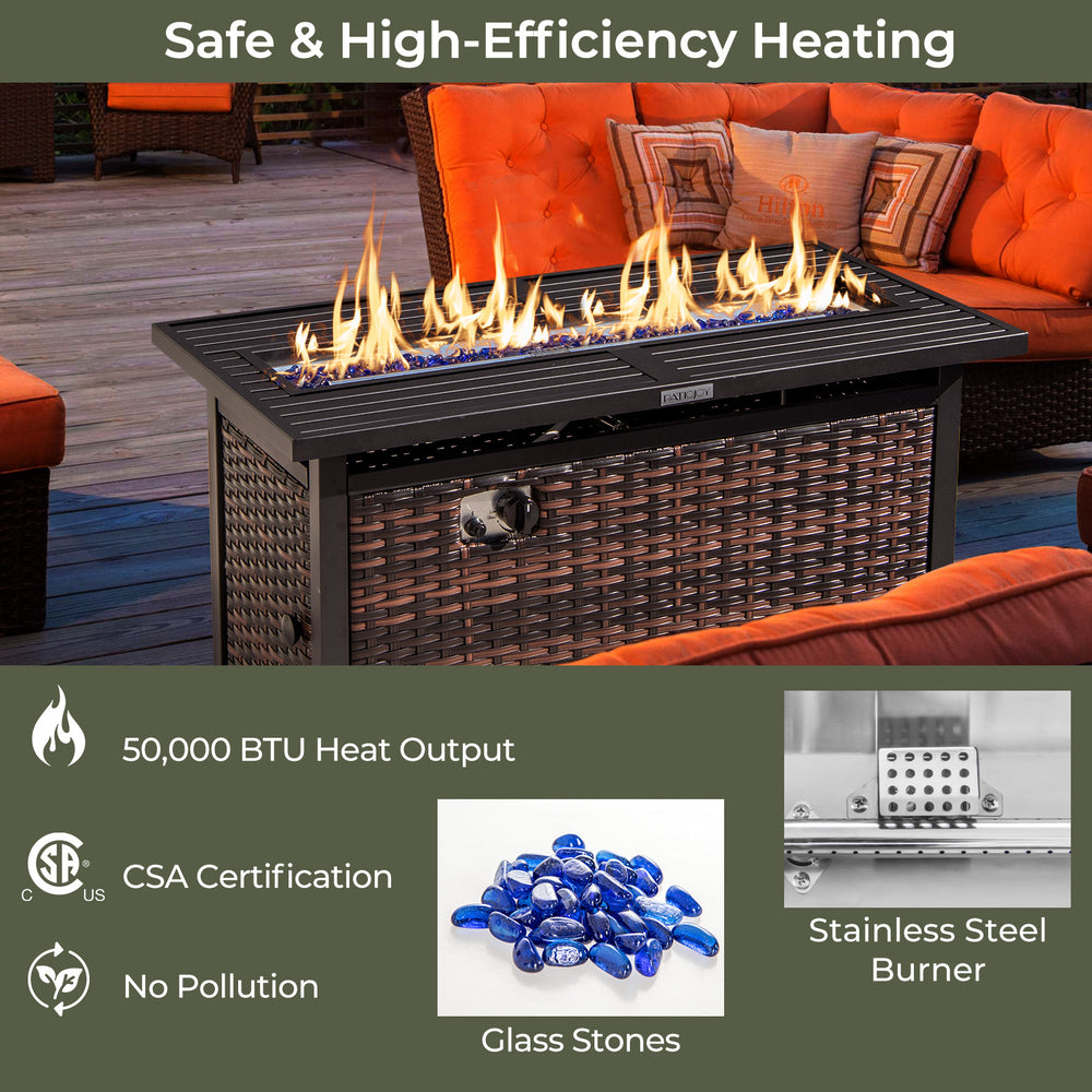 45-inch propane rattan firepit table with glass stones, 50,000 BTU output, and protective cover for versatile outdoor.
