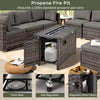 45-inch propane rattan fire pit table in mixed brown, featuring glass stones and a protective cover for year-round use.