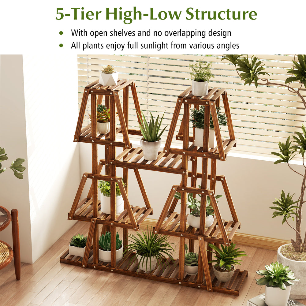 5-tier wood plant stand featuring a unique high-low structure, allowing optimal sunlight for 10 potted plants and decor.