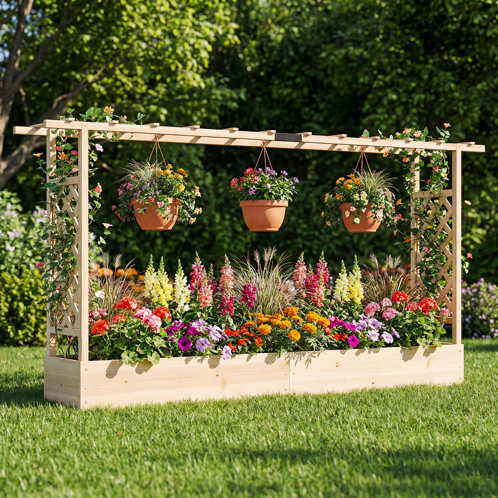 45 Inch Tall Wooden Raised Garden Bed with Side Trellis and Hanging Roof Drainage Holes-Natural - Gallery View 1 of 10