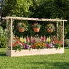 Wooden raised garden bed with side trellis and hanging roof, featuring vibrant flowers and drainage holes for healthy.