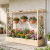 Wooden raised garden bed with trellis and hanging pots, ideal for vibrant flowers and climbing plants on patios.