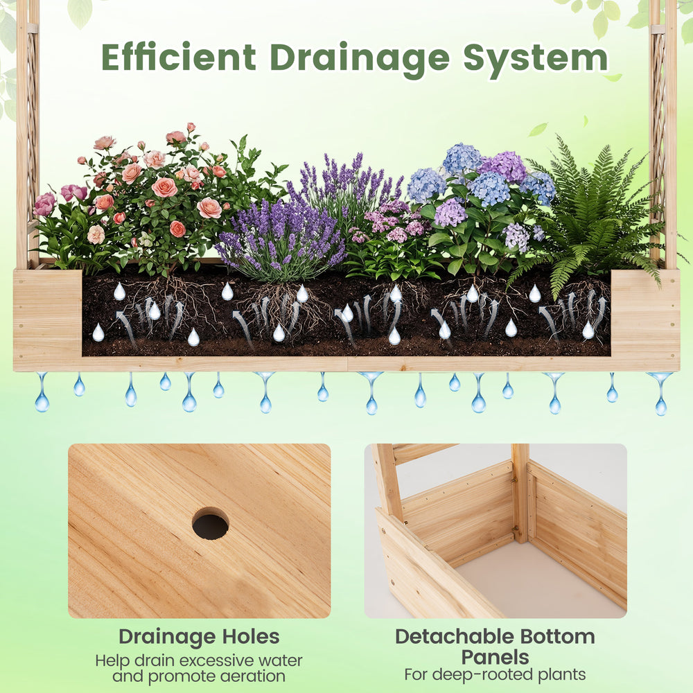 Wooden raised garden bed with drainage holes and removable panels, ideal for growing plants in entryways or patios.