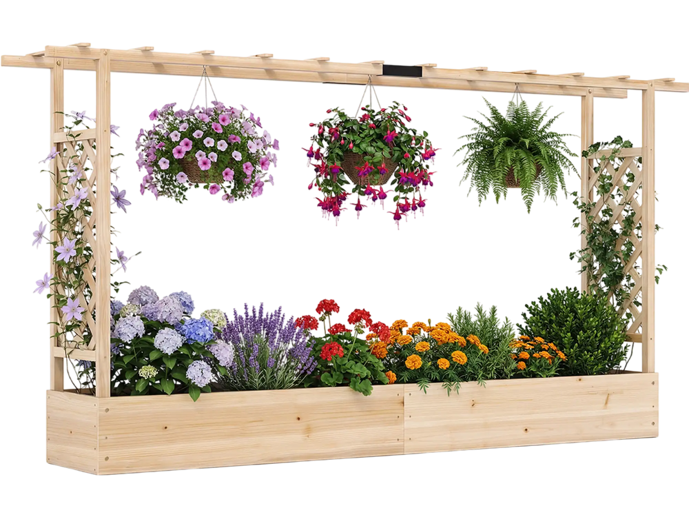 Wooden raised garden bed with trellis and hanging roof, ideal for growing flowers and vegetables in outdoor spaces.