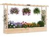 Wooden raised garden bed with trellis and hanging roof, ideal for growing flowers and vegetables in outdoor spaces.