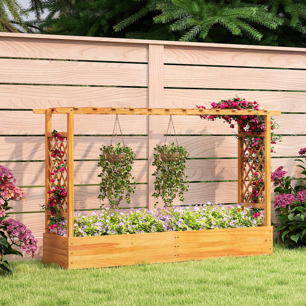 Wooden raised garden bed with lattice trellis, made from natural pine, ideal for outdoor plant cultivation and.