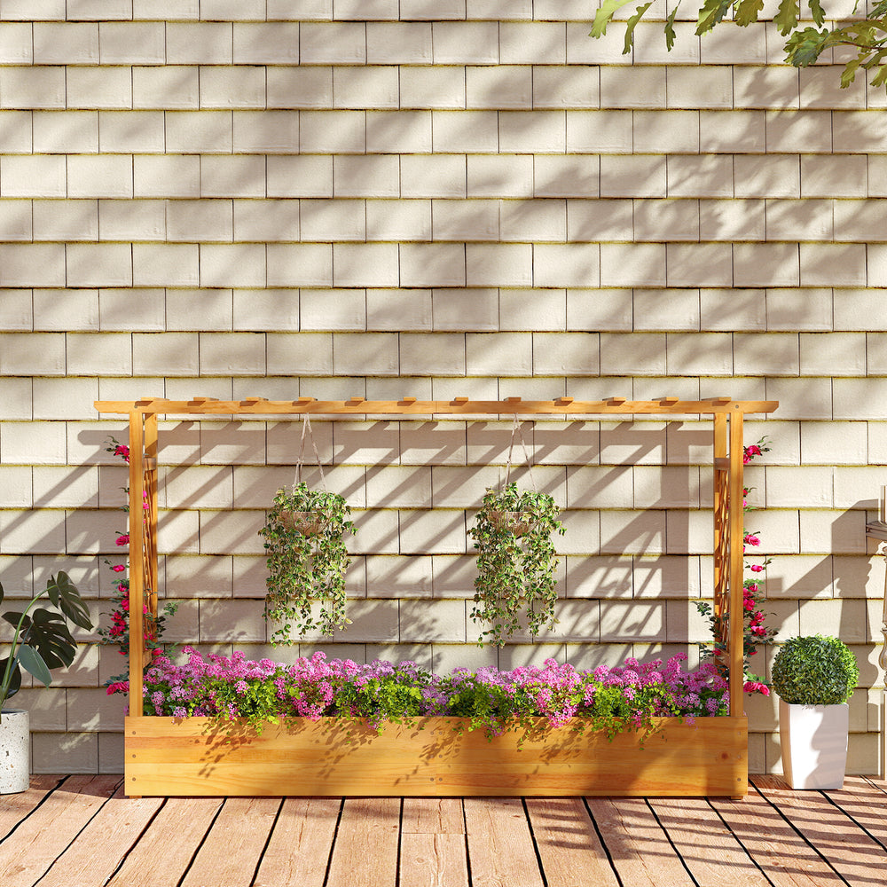 Wooden raised garden bed with lattice trellis, made of natural pine, ideal for outdoor plant cultivation and decoration.
