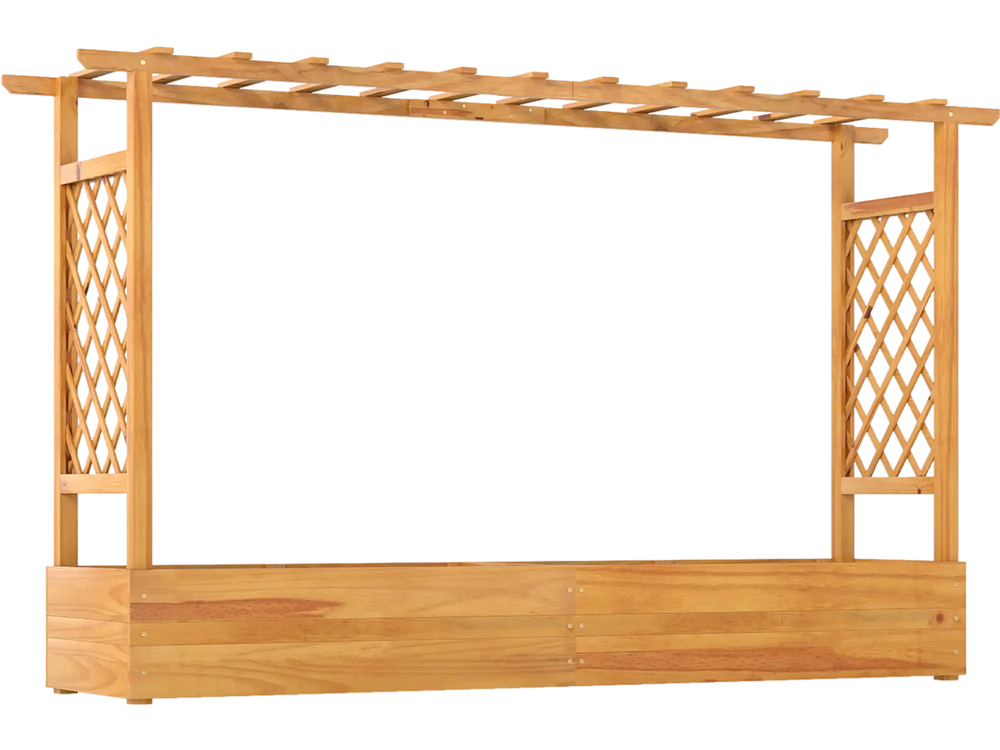 Wooden raised garden bed featuring a lattice trellis, crafted from durable natural pine, perfect for vertical plant.