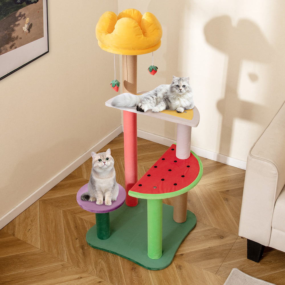 Multi-level cat tree with plush crown perch and fruit-shaped platforms, perfect for lounging and scratching.