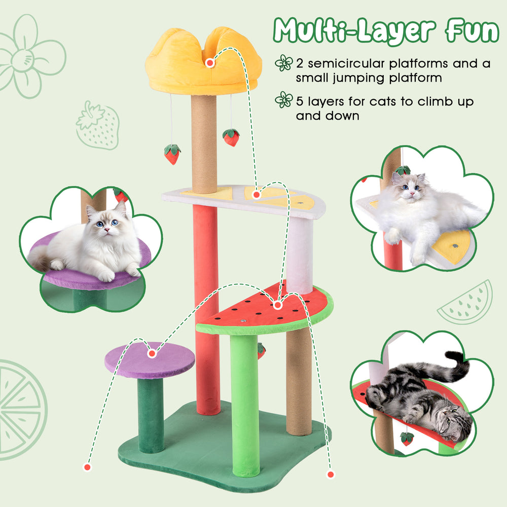 Multi-level cat tree with plush padded top perch and fruit-shaped platforms, perfect for climbing and lounging.