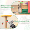 Multi-level cat tree with plush padded top perch and fruit-shaped platforms, featuring scratching posts and dangling.
