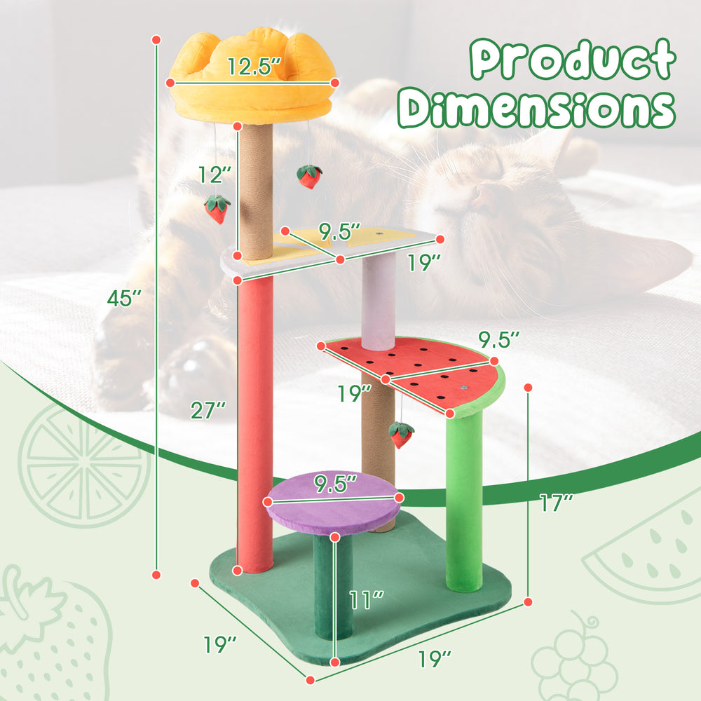 Multi-level cat tree with plush crown perch and fruit-shaped platforms, 45 inches tall, perfect for feline play and.