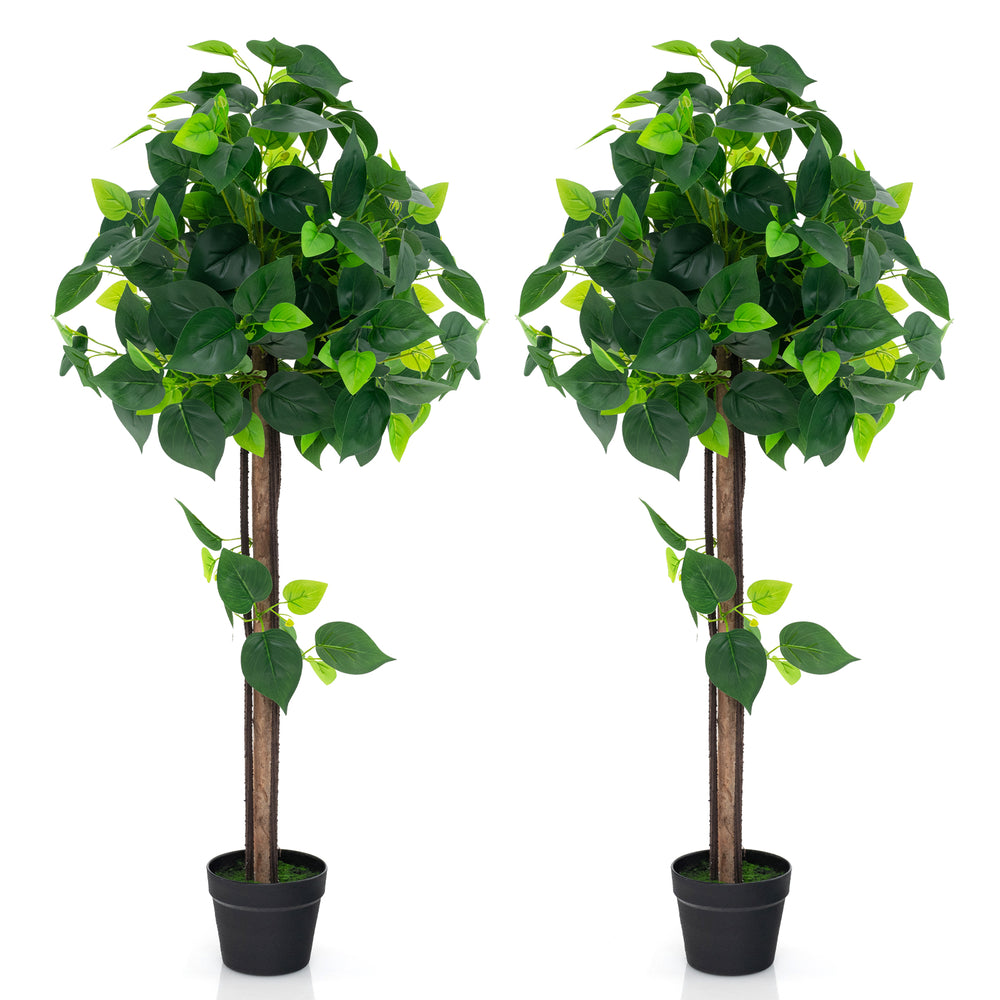 Artificial hydrangea tree with real wood trunk and mixed green leaves, ideal for home or office decor.