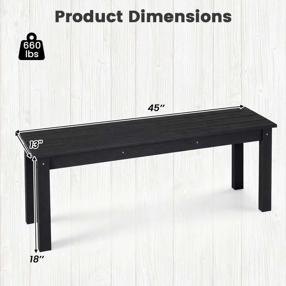 45" black outdoor HDPE bench with slatted seat, 660 lbs capacity, ideal for patios and gardens.