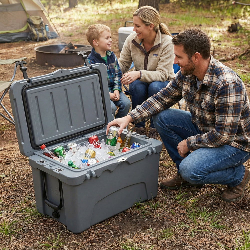 Gray 45 Quart Portable Hard Cooler with drinks inside, featuring cup holders and measuring ruler for outdoor adventures.
