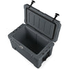 Gray 45-quart portable hard cooler with an open lid, featuring dual latches and a built-in ruler for outdoor adventures.