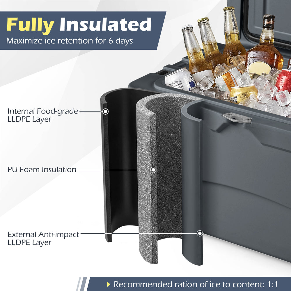 Insulated section of the 45 Quart Portable Hard Cooler showing LLDPE layers for 6-day ice retention and durability.