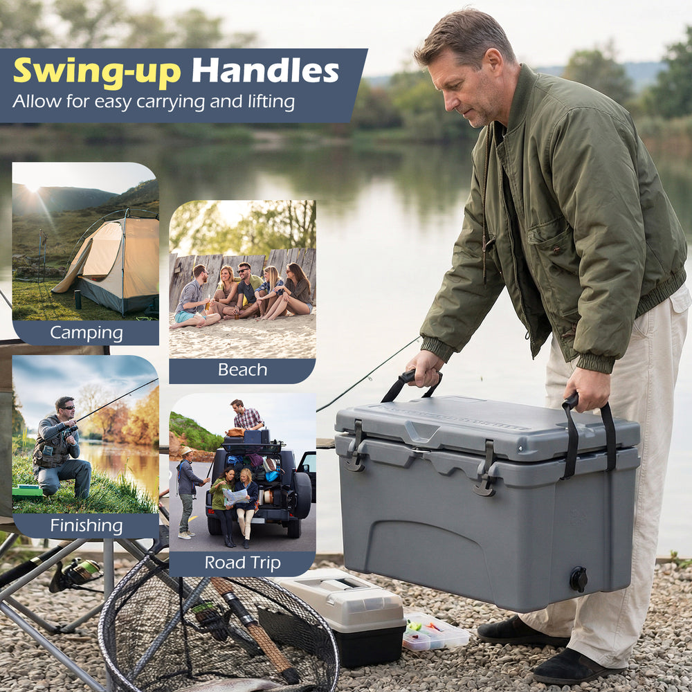 Gray 45 quart portable hard cooler with swing-up handles, ideal for camping, beach trips, and road adventures.