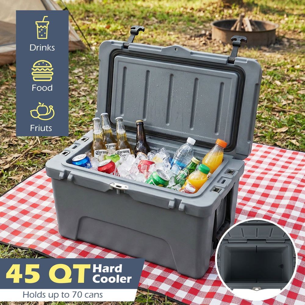 Gray 45 QT hard cooler with drinks inside, designed for 6-day ice retention, ideal for outdoor adventures.