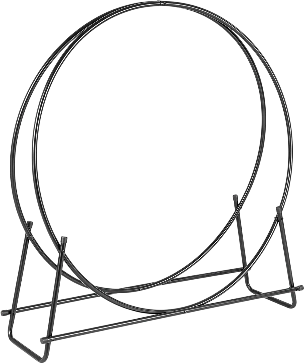Round firewood rack with heavy-duty metal frame, elevated base for ventilation, ideal for fireplace or campsite use.