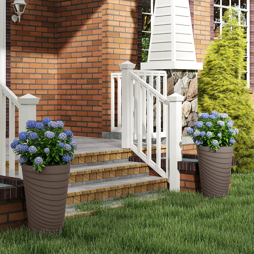 Brown 45 cm tall flower pot set of 2 with spiral texture, ideal for patio or porch, featuring drainage holes and.