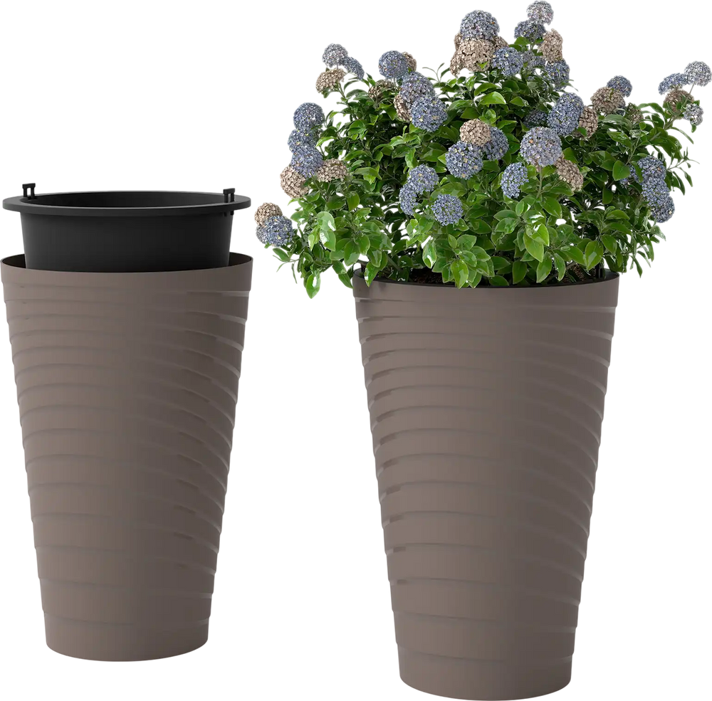 Tall brown flower pot set of 2 with spiral texture, featuring drainage holes and insert bucket for healthy plant growth.