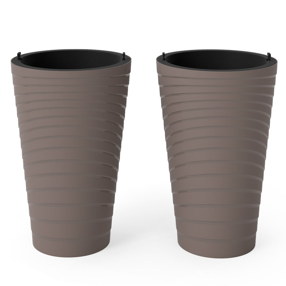 Set of 2 brown 45 cm tall flower pots with spiral texture, featuring drainage holes and handles for easy maintenance.