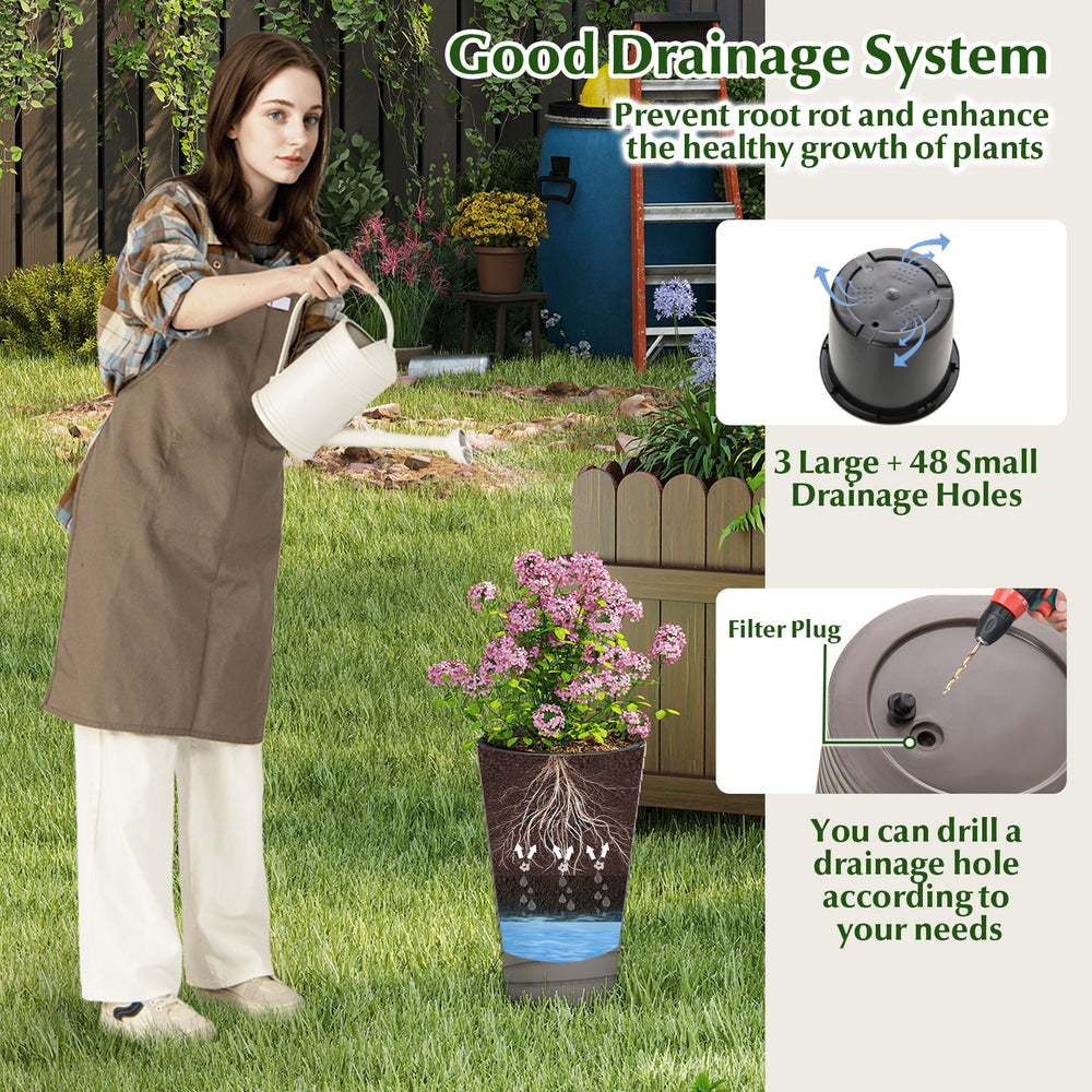Brown 45 cm tall flower pot with drainage holes and handles, ideal for patio or living room plant growth.