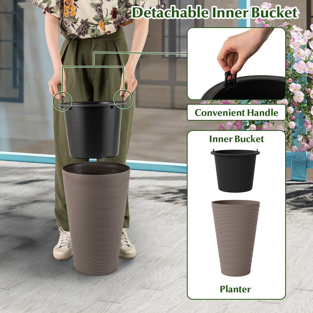 Brown 45 cm tall flower pot with detachable inner bucket and handles, ideal for patio or indoor plant growth.