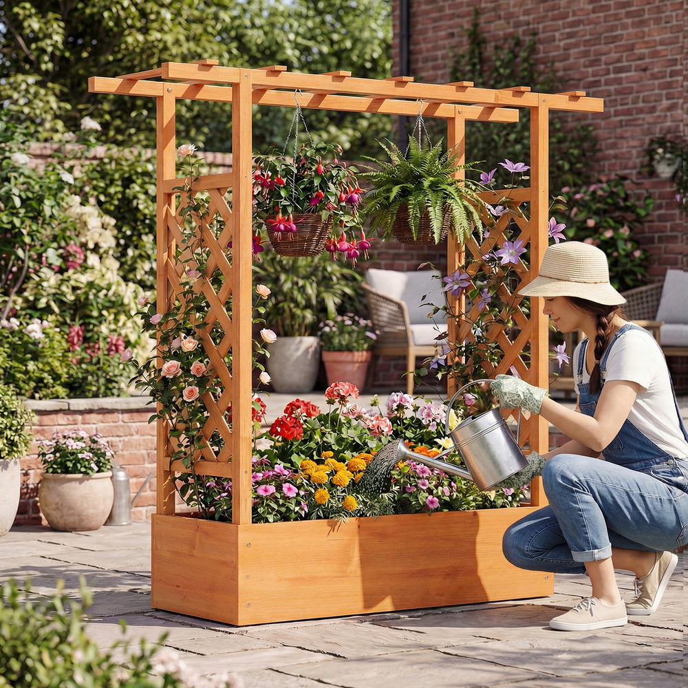 45 inch Tall Wooden Raised Garden Bed with Side Trellis and Hanging Roof-Orange - Gallery View 1 of 10