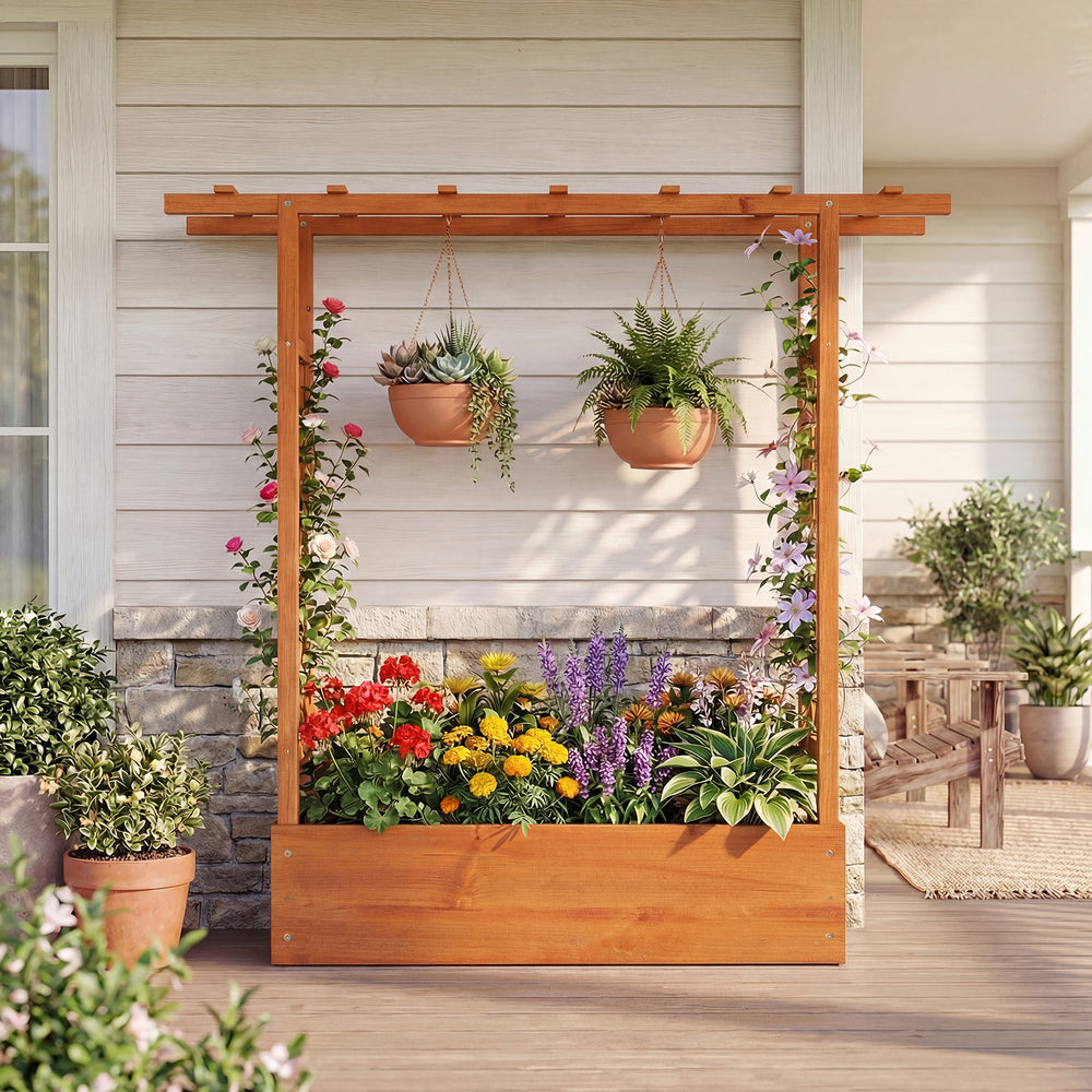 Wooden raised garden bed with trellis and hanging roof, ideal for growing flowers and plants on patios or balconies.